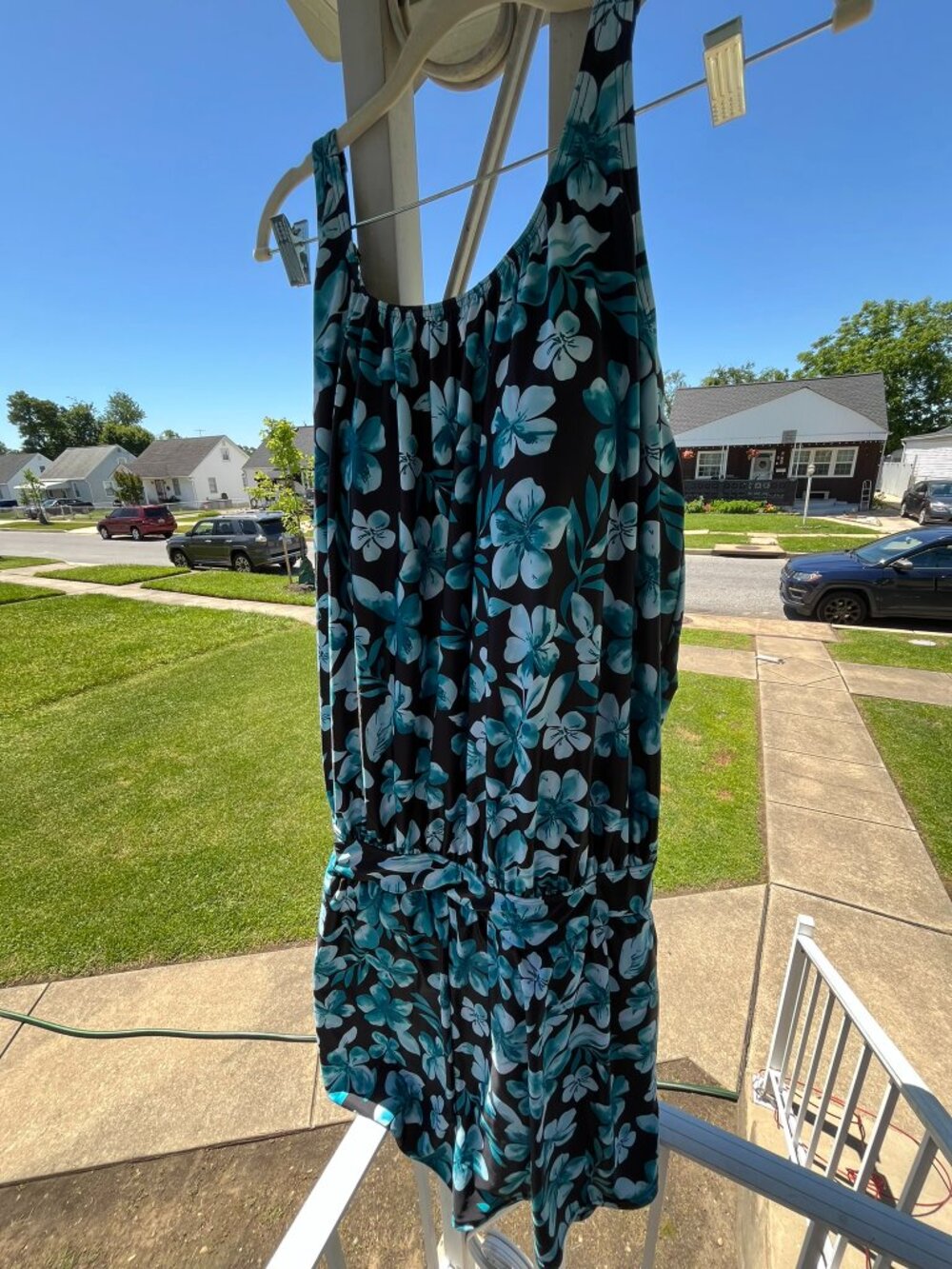 Bloomchic Swimsuit Romper, One Piece, Black, Blue, Teal Floral Pattern 22-24W